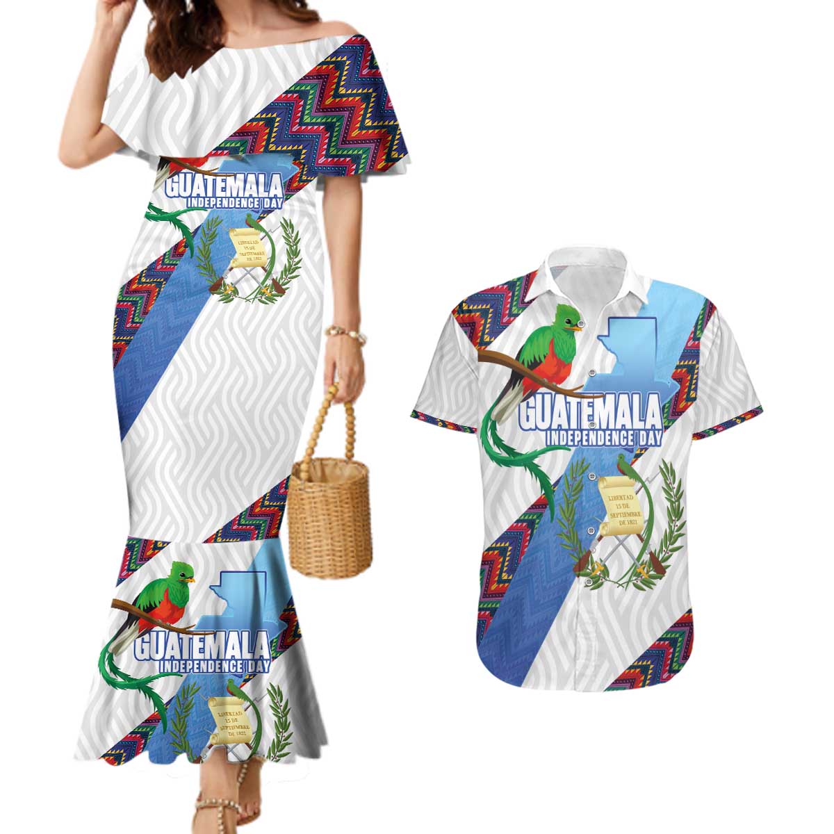 Guatemala Independence Day Couples Matching Mermaid Dress and Hawaiian Shirt Resplendent Quetzal with Coat of Arms and Maya Textiles - Wonder Print Shop