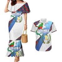 Guatemala Independence Day Couples Matching Mermaid Dress and Hawaiian Shirt Resplendent Quetzal with Coat of Arms and Maya Textiles - Wonder Print Shop