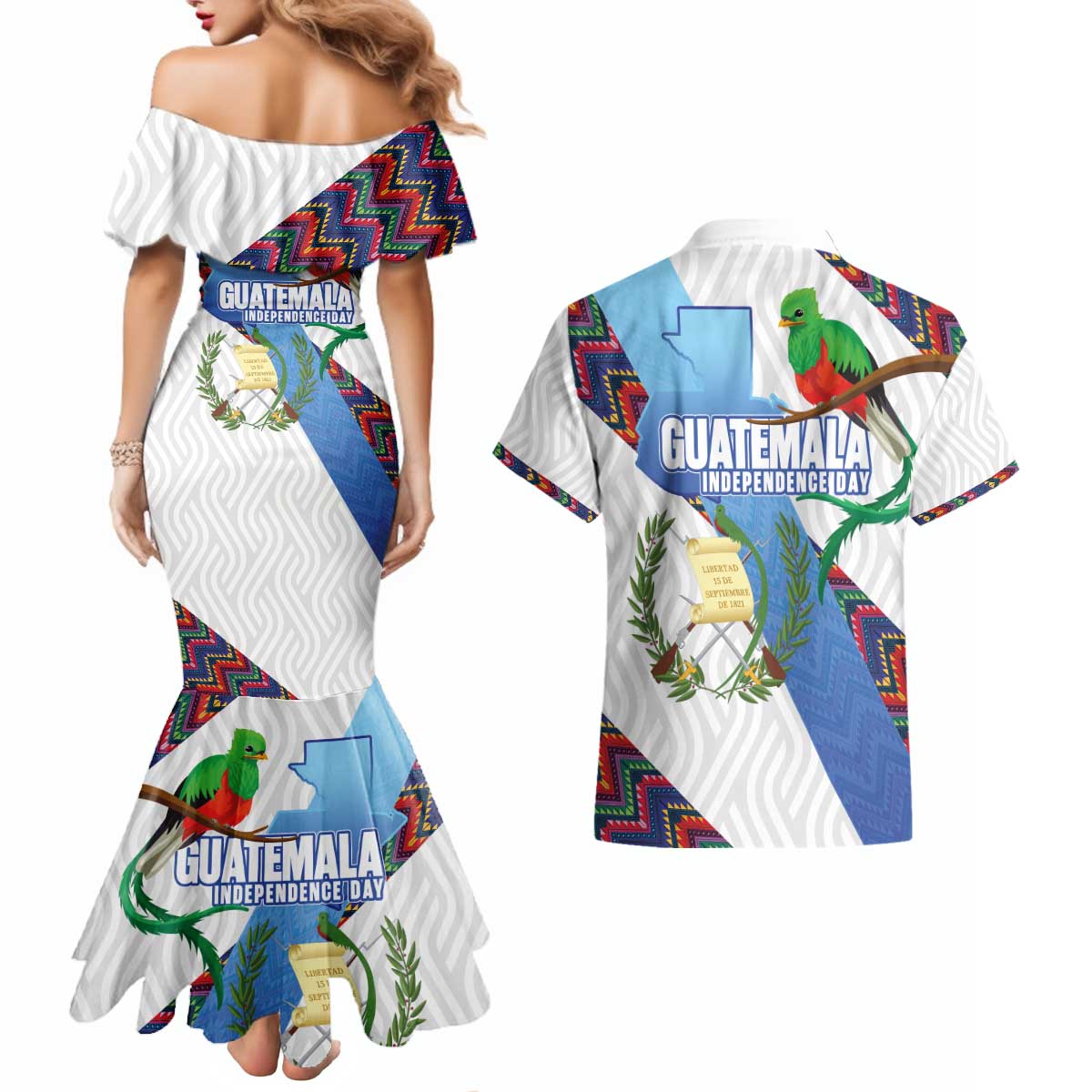 Guatemala Independence Day Couples Matching Mermaid Dress and Hawaiian Shirt Resplendent Quetzal with Coat of Arms and Maya Textiles - Wonder Print Shop