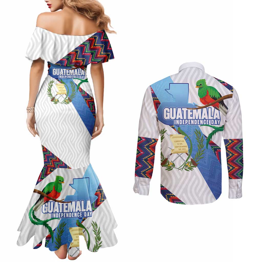 Guatemala Independence Day Couples Matching Mermaid Dress and Long Sleeve Button Shirt Resplendent Quetzal with Coat of Arms and Maya Textiles - Wonder Print Shop