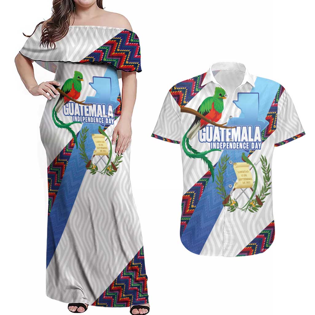 Guatemala Independence Day Couples Matching Off Shoulder Maxi Dress and Hawaiian Shirt Resplendent Quetzal with Coat of Arms and Maya Textiles - Wonder Print Shop