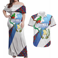 Guatemala Independence Day Couples Matching Off Shoulder Maxi Dress and Hawaiian Shirt Resplendent Quetzal with Coat of Arms and Maya Textiles - Wonder Print Shop
