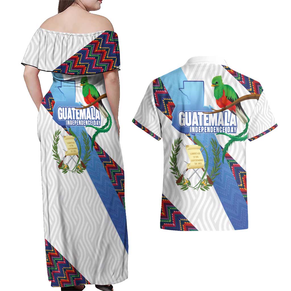Guatemala Independence Day Couples Matching Off Shoulder Maxi Dress and Hawaiian Shirt Resplendent Quetzal with Coat of Arms and Maya Textiles - Wonder Print Shop
