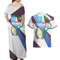 Guatemala Independence Day Couples Matching Off Shoulder Maxi Dress and Hawaiian Shirt Resplendent Quetzal with Coat of Arms and Maya Textiles - Wonder Print Shop