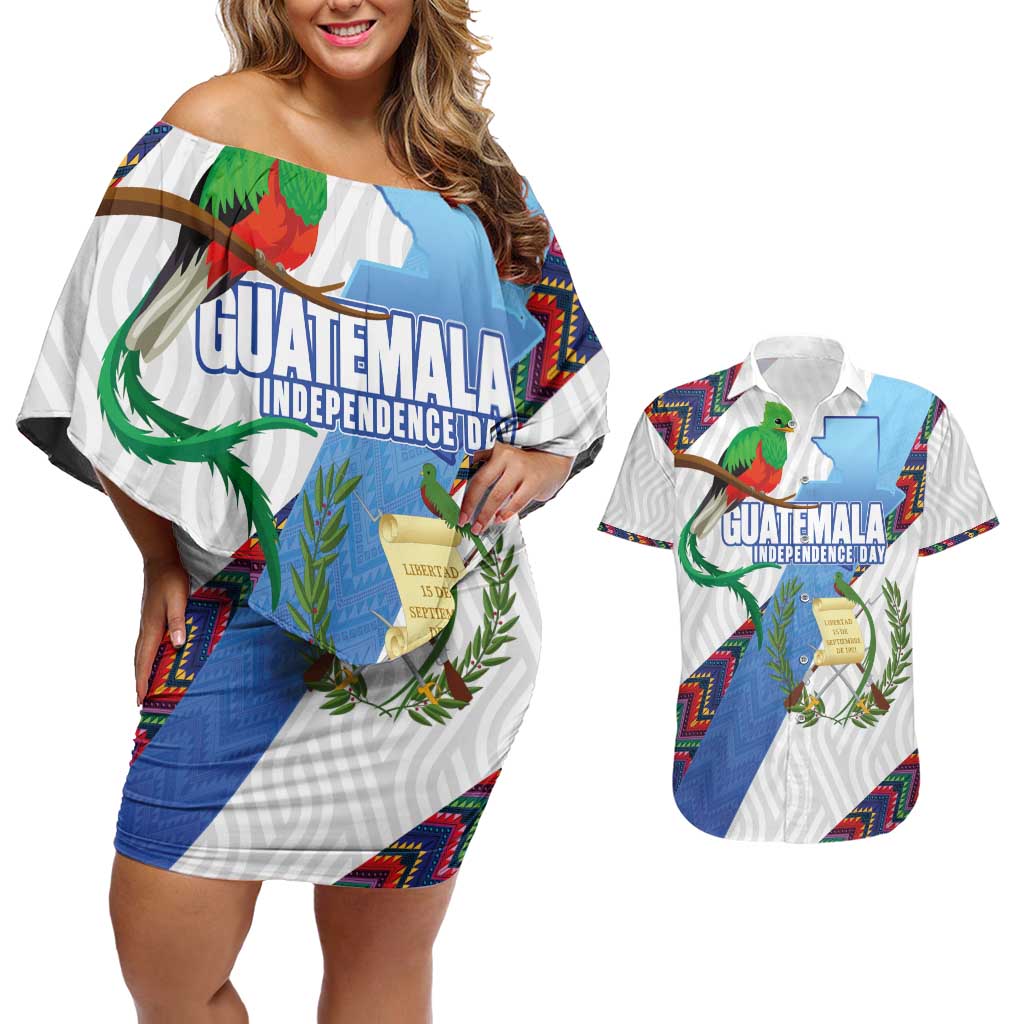 Guatemala Independence Day Couples Matching Off Shoulder Short Dress and Hawaiian Shirt Resplendent Quetzal with Coat of Arms and Maya Textiles - Wonder Print Shop