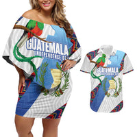 Guatemala Independence Day Couples Matching Off Shoulder Short Dress and Hawaiian Shirt Resplendent Quetzal with Coat of Arms and Maya Textiles - Wonder Print Shop