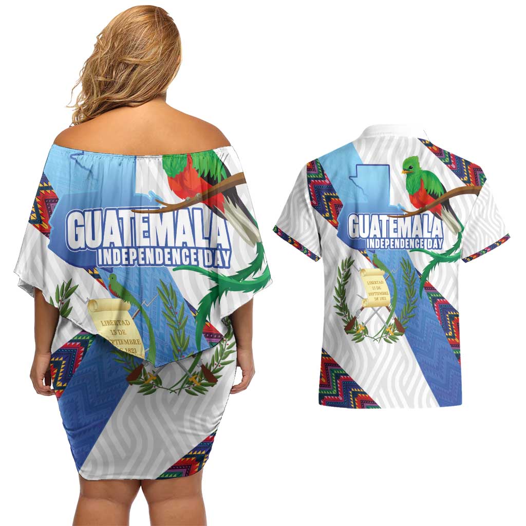Guatemala Independence Day Couples Matching Off Shoulder Short Dress and Hawaiian Shirt Resplendent Quetzal with Coat of Arms and Maya Textiles - Wonder Print Shop
