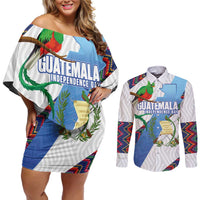 Guatemala Independence Day Couples Matching Off Shoulder Short Dress and Long Sleeve Button Shirt Resplendent Quetzal with Coat of Arms and Maya Textiles - Wonder Print Shop