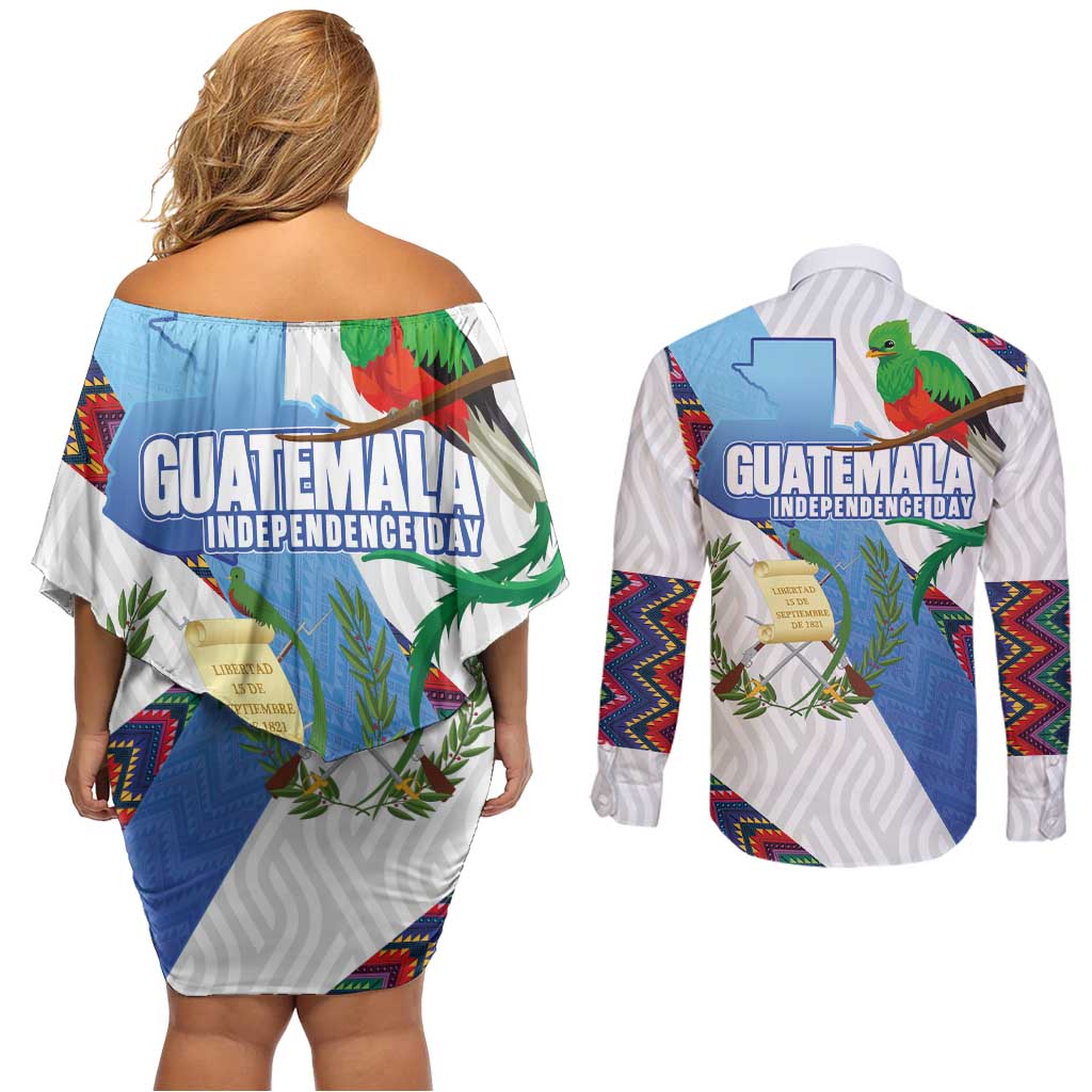 Guatemala Independence Day Couples Matching Off Shoulder Short Dress and Long Sleeve Button Shirt Resplendent Quetzal with Coat of Arms and Maya Textiles - Wonder Print Shop