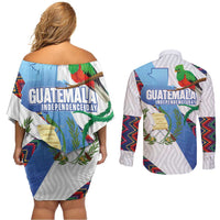 Guatemala Independence Day Couples Matching Off Shoulder Short Dress and Long Sleeve Button Shirt Resplendent Quetzal with Coat of Arms and Maya Textiles - Wonder Print Shop