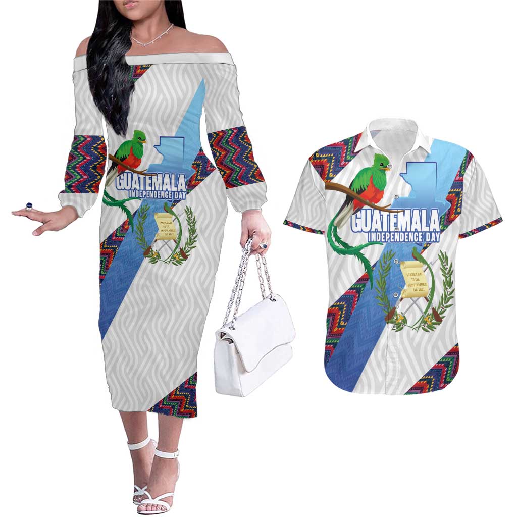 Guatemala Independence Day Couples Matching Off The Shoulder Long Sleeve Dress and Hawaiian Shirt Resplendent Quetzal with Coat of Arms and Maya Textiles - Wonder Print Shop