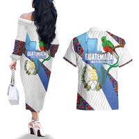 Guatemala Independence Day Couples Matching Off The Shoulder Long Sleeve Dress and Hawaiian Shirt Resplendent Quetzal with Coat of Arms and Maya Textiles - Wonder Print Shop
