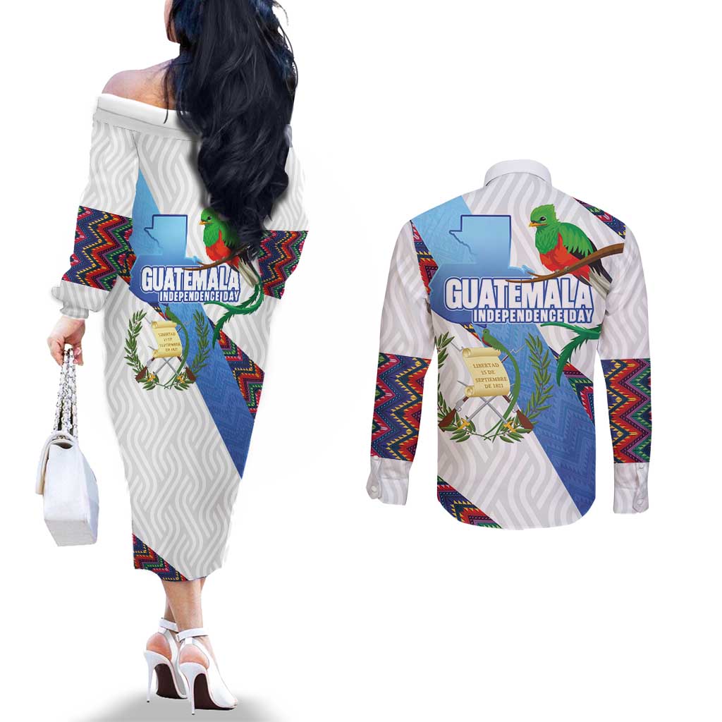 Guatemala Independence Day Couples Matching Off The Shoulder Long Sleeve Dress and Long Sleeve Button Shirt Resplendent Quetzal with Coat of Arms and Maya Textiles - Wonder Print Shop