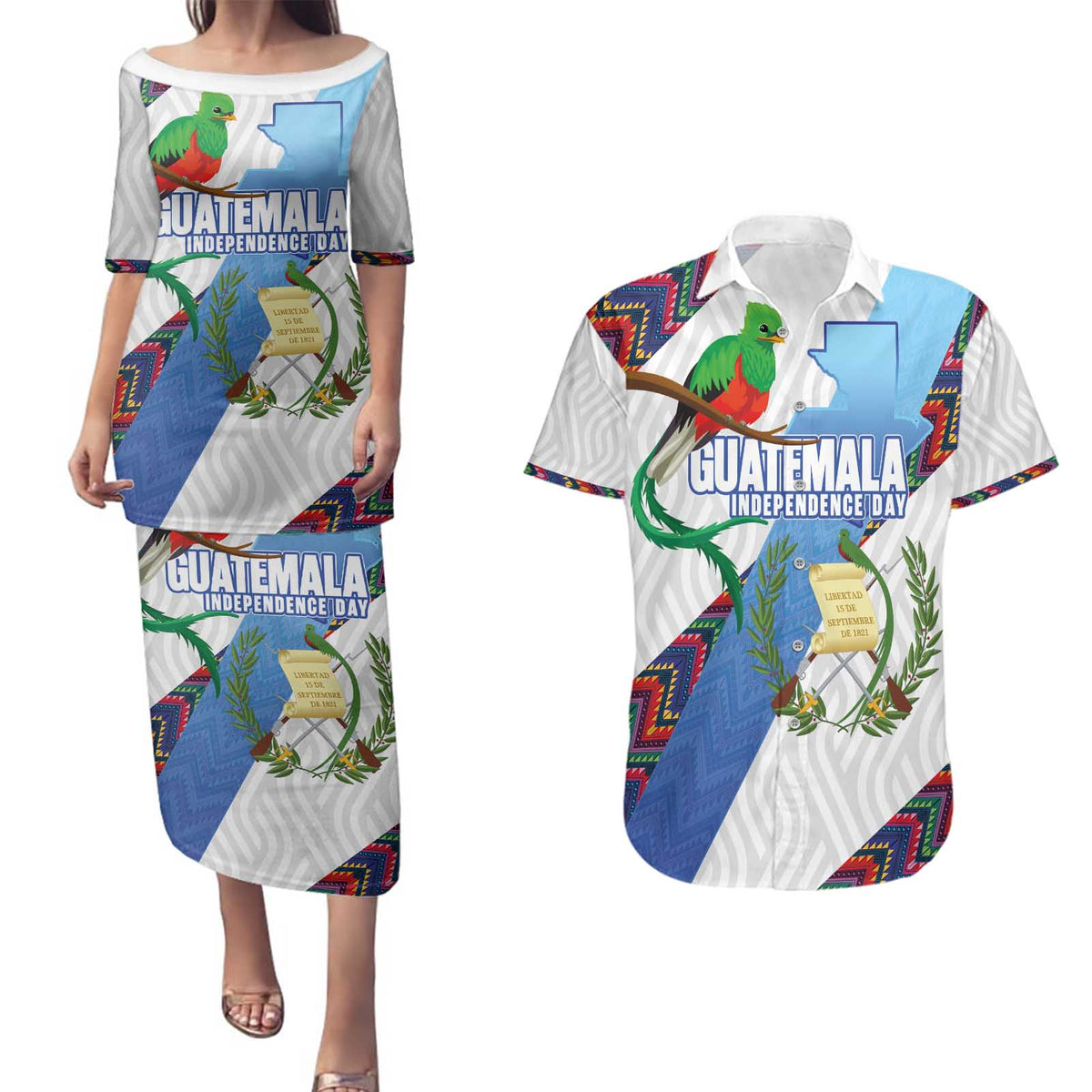 Guatemala Independence Day Couples Matching Puletasi and Hawaiian Shirt Resplendent Quetzal with Coat of Arms and Maya Textiles - Wonder Print Shop