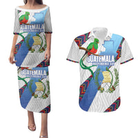 Guatemala Independence Day Couples Matching Puletasi and Hawaiian Shirt Resplendent Quetzal with Coat of Arms and Maya Textiles - Wonder Print Shop