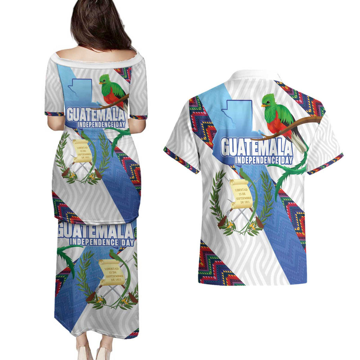 Guatemala Independence Day Couples Matching Puletasi and Hawaiian Shirt Resplendent Quetzal with Coat of Arms and Maya Textiles - Wonder Print Shop