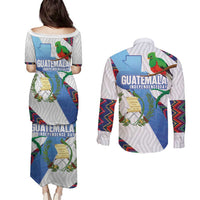 Guatemala Independence Day Couples Matching Puletasi and Long Sleeve Button Shirt Resplendent Quetzal with Coat of Arms and Maya Textiles - Wonder Print Shop