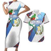 Guatemala Independence Day Couples Matching Short Sleeve Bodycon Dress and Hawaiian Shirt Resplendent Quetzal with Coat of Arms and Maya Textiles - Wonder Print Shop