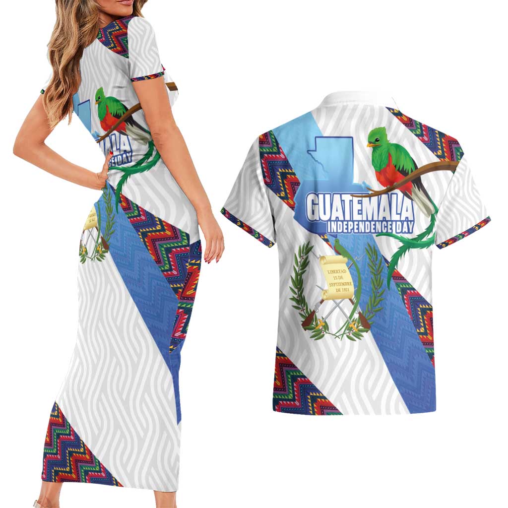 Guatemala Independence Day Couples Matching Short Sleeve Bodycon Dress and Hawaiian Shirt Resplendent Quetzal with Coat of Arms and Maya Textiles - Wonder Print Shop