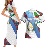 Guatemala Independence Day Couples Matching Short Sleeve Bodycon Dress and Hawaiian Shirt Resplendent Quetzal with Coat of Arms and Maya Textiles - Wonder Print Shop
