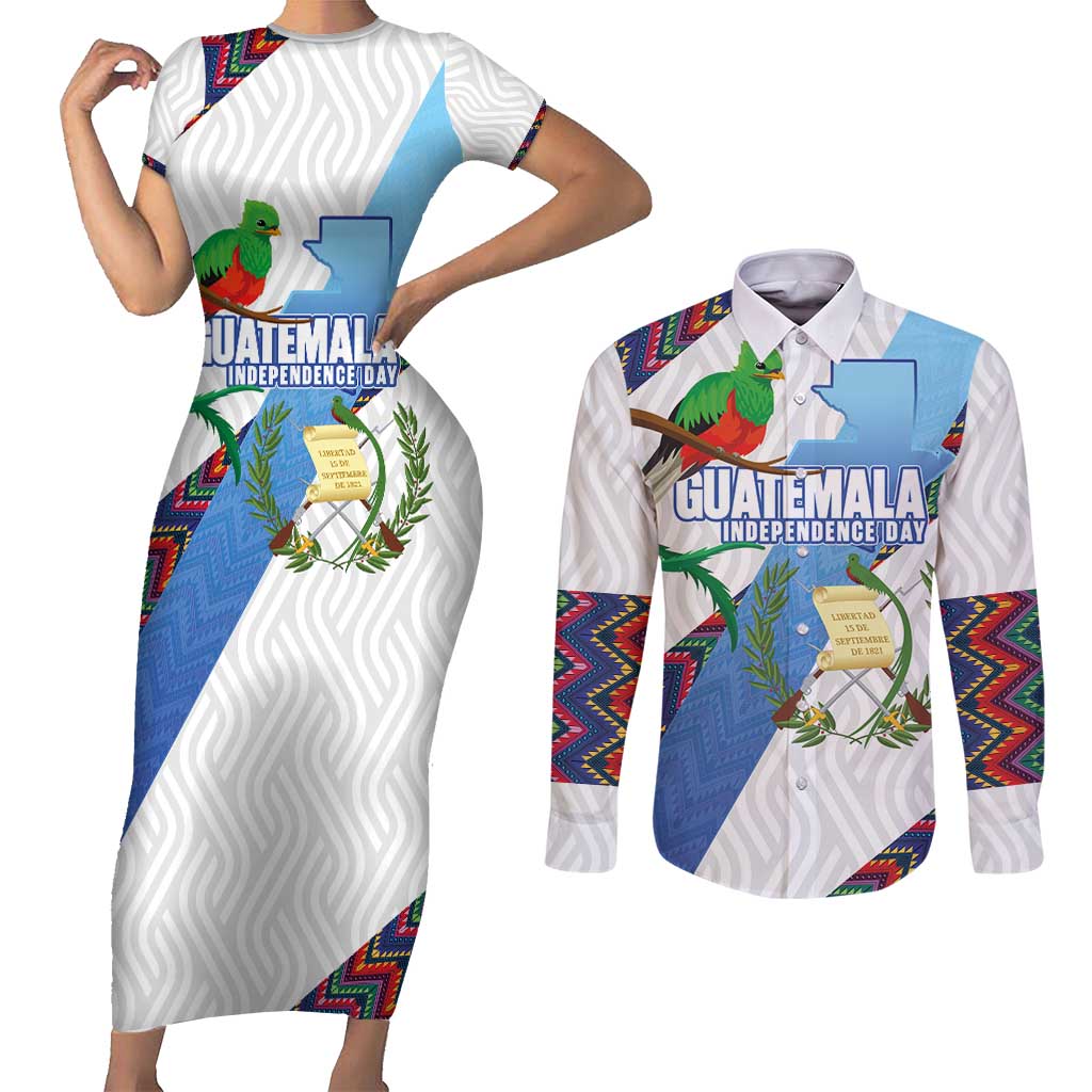 Guatemala Independence Day Couples Matching Short Sleeve Bodycon Dress and Long Sleeve Button Shirt Resplendent Quetzal with Coat of Arms and Maya Textiles - Wonder Print Shop