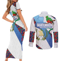 Guatemala Independence Day Couples Matching Short Sleeve Bodycon Dress and Long Sleeve Button Shirt Resplendent Quetzal with Coat of Arms and Maya Textiles - Wonder Print Shop