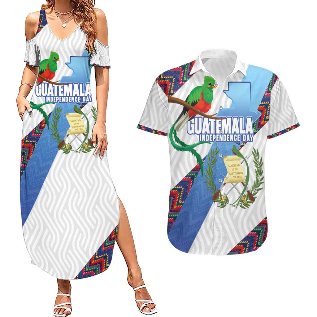 Guatemala Independence Day Couples Matching Summer Maxi Dress and Hawaiian Shirt Resplendent Quetzal with Coat of Arms and Maya Textiles - Wonder Print Shop