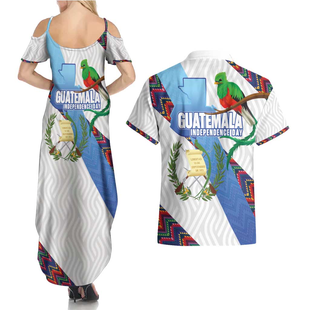 Guatemala Independence Day Couples Matching Summer Maxi Dress and Hawaiian Shirt Resplendent Quetzal with Coat of Arms and Maya Textiles - Wonder Print Shop