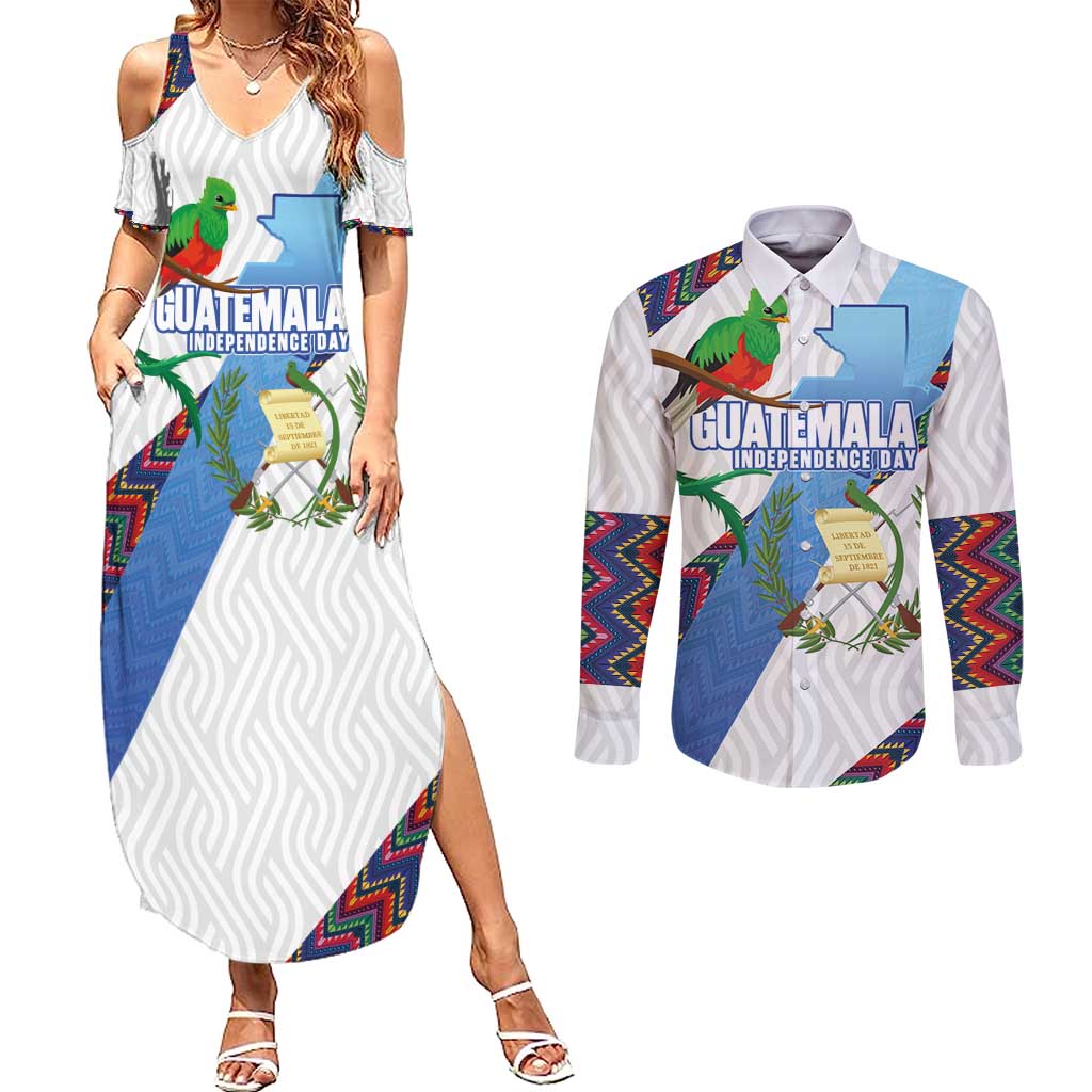 Guatemala Independence Day Couples Matching Summer Maxi Dress and Long Sleeve Button Shirt Resplendent Quetzal with Coat of Arms and Maya Textiles - Wonder Print Shop