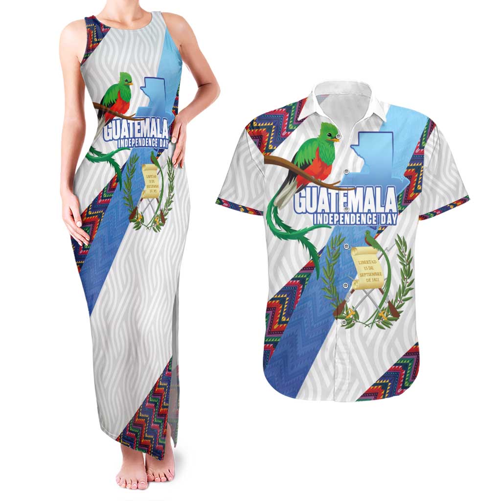 Guatemala Independence Day Couples Matching Tank Maxi Dress and Hawaiian Shirt Resplendent Quetzal with Coat of Arms and Maya Textiles - Wonder Print Shop