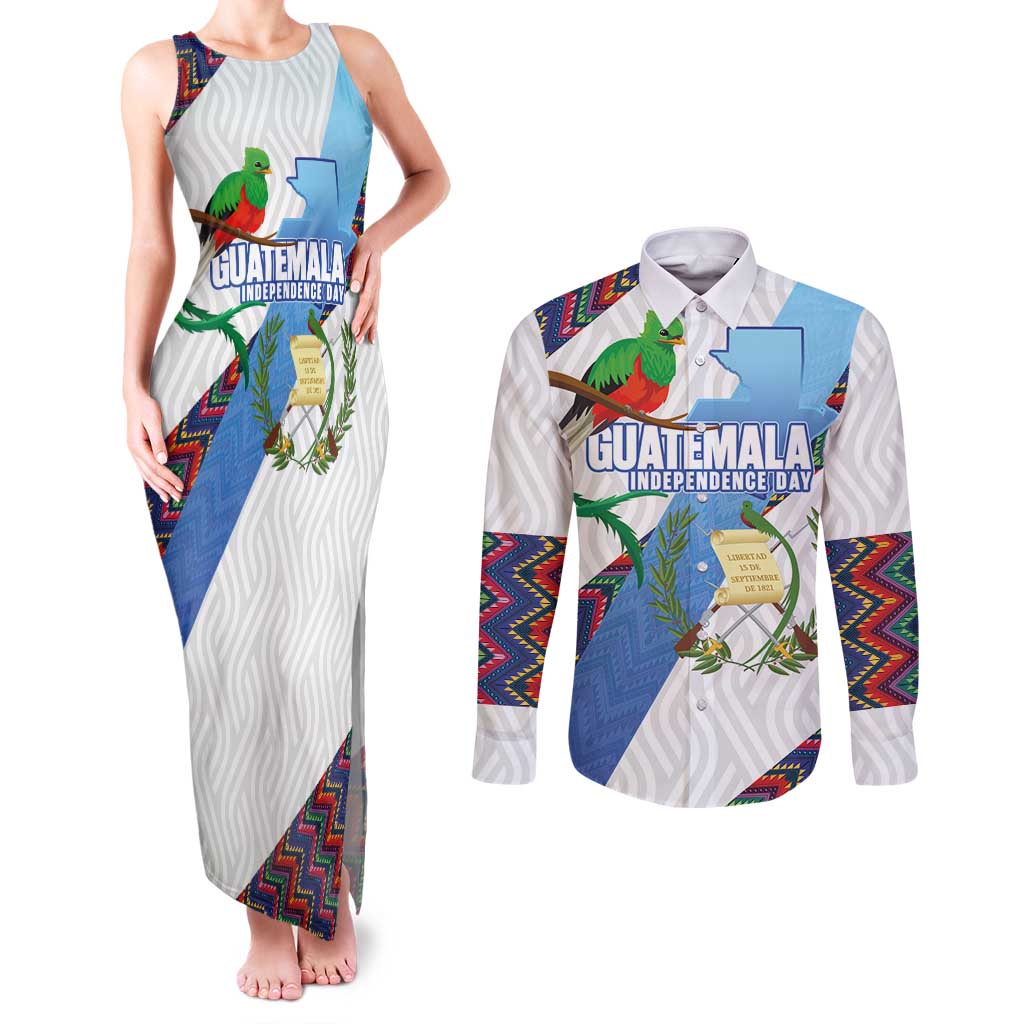 Guatemala Independence Day Couples Matching Tank Maxi Dress and Long Sleeve Button Shirt Resplendent Quetzal with Coat of Arms and Maya Textiles - Wonder Print Shop