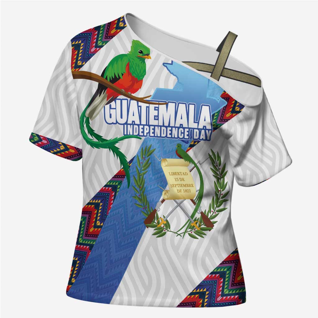 Guatemala Independence Day Cross Shoulder Shirt Resplendent Quetzal with Coat of Arms and Maya Textiles - Wonder Print Shop