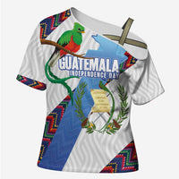 Guatemala Independence Day Cross Shoulder Shirt Resplendent Quetzal with Coat of Arms and Maya Textiles - Wonder Print Shop