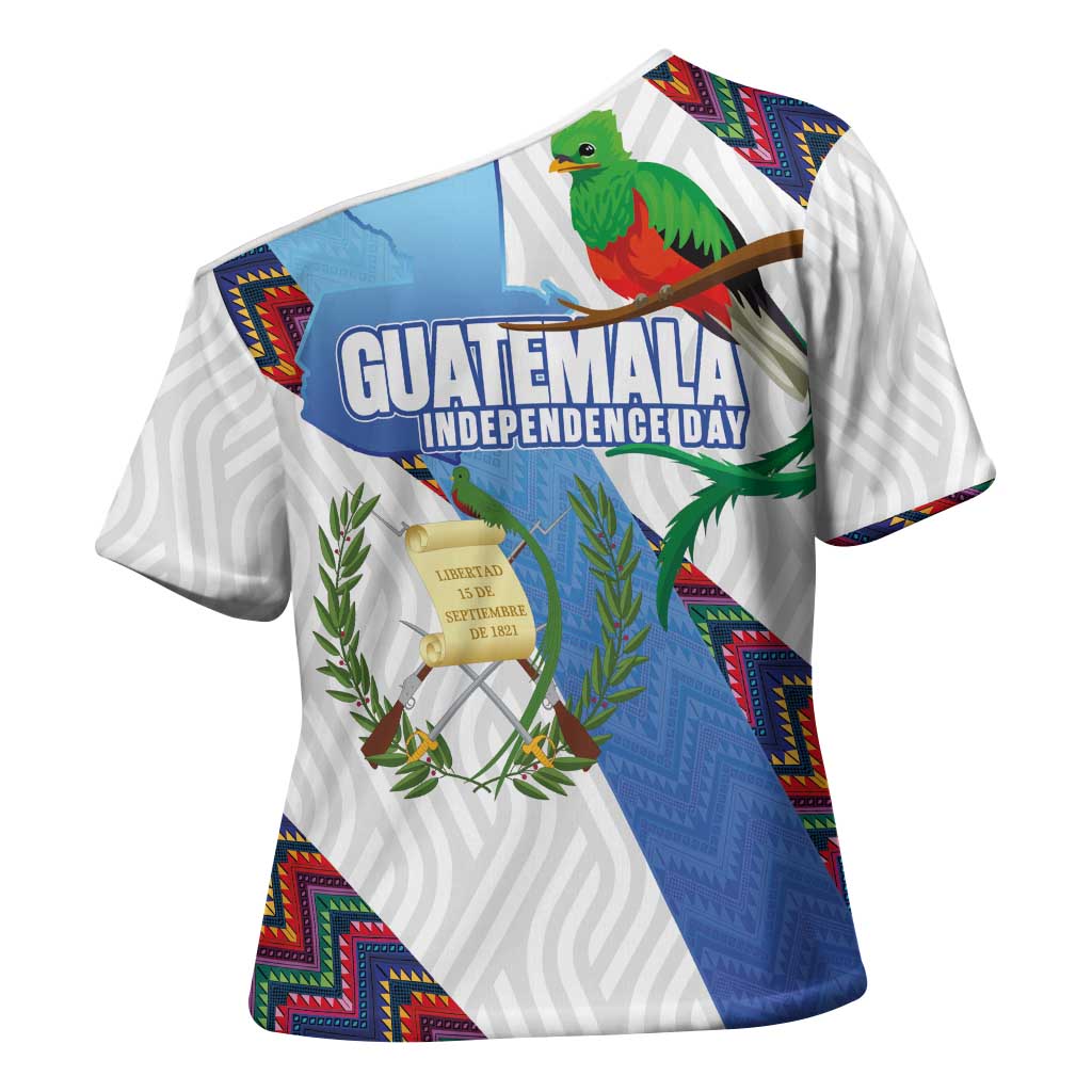 Guatemala Independence Day Cross Shoulder Shirt Resplendent Quetzal with Coat of Arms and Maya Textiles - Wonder Print Shop