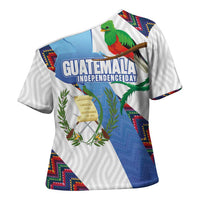 Guatemala Independence Day Cross Shoulder Shirt Resplendent Quetzal with Coat of Arms and Maya Textiles - Wonder Print Shop