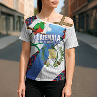 Guatemala Independence Day Cross Shoulder Shirt Resplendent Quetzal with Coat of Arms and Maya Textiles - Wonder Print Shop