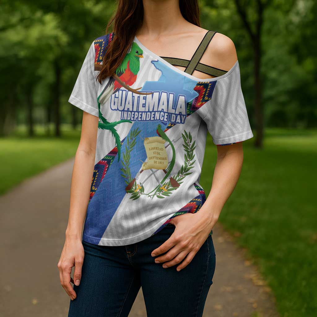 Guatemala Independence Day Cross Shoulder Shirt Resplendent Quetzal with Coat of Arms and Maya Textiles - Wonder Print Shop