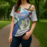 Guatemala Independence Day Cross Shoulder Shirt Resplendent Quetzal with Coat of Arms and Maya Textiles - Wonder Print Shop