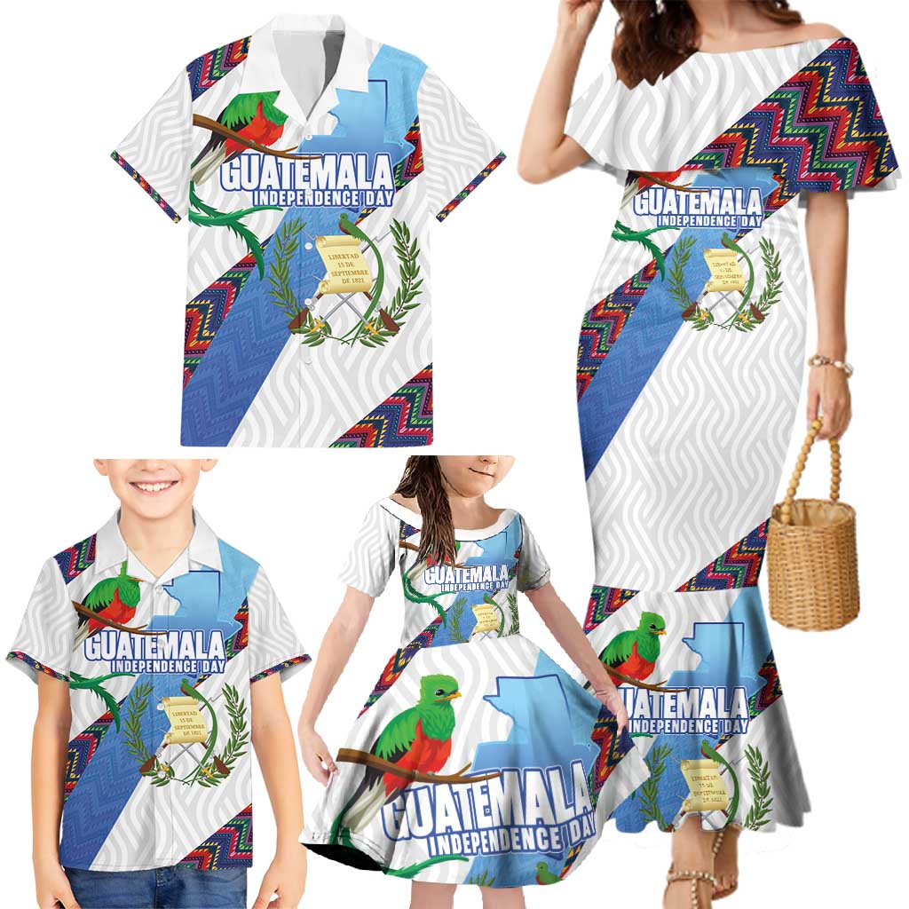 Guatemala Independence Day Family Matching Mermaid Dress and Hawaiian Shirt Resplendent Quetzal with Coat of Arms and Maya Textiles - Wonder Print Shop