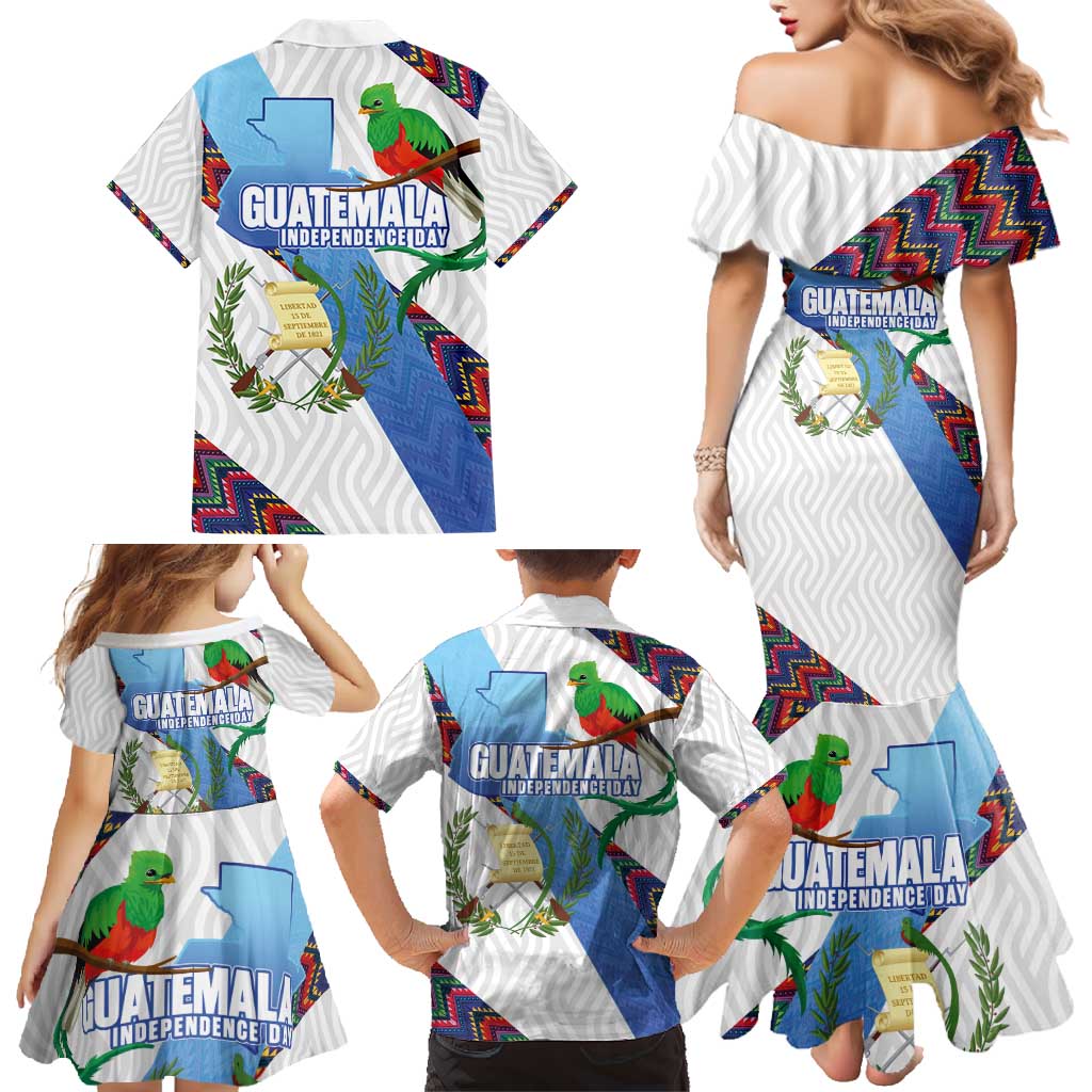 Guatemala Independence Day Family Matching Mermaid Dress and Hawaiian Shirt Resplendent Quetzal with Coat of Arms and Maya Textiles - Wonder Print Shop