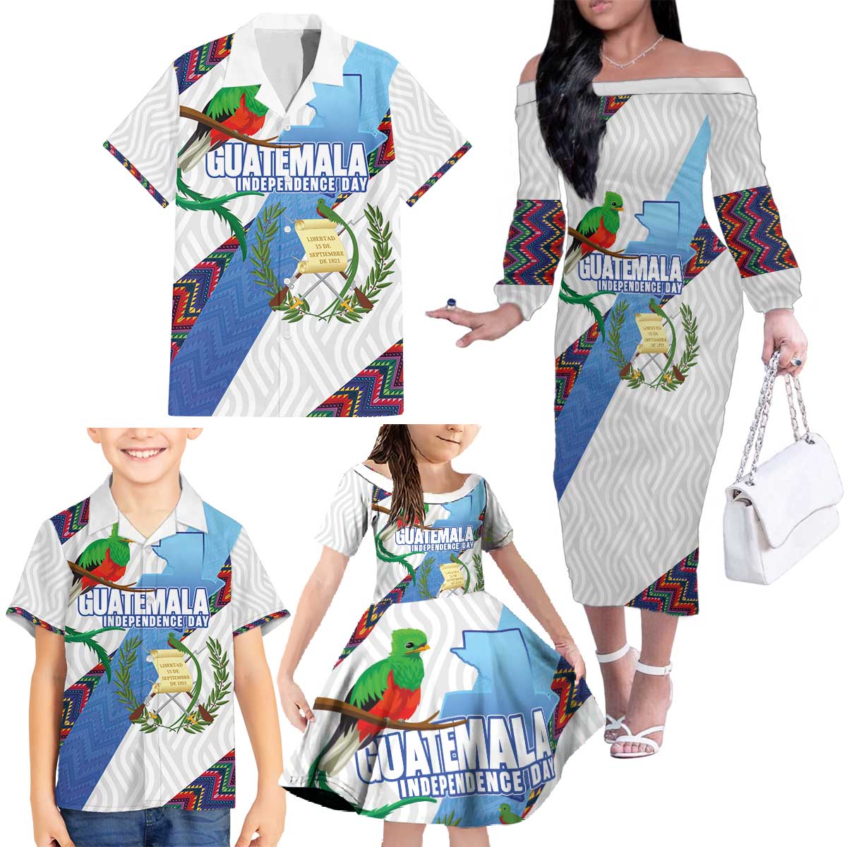 Guatemala Independence Day Family Matching Off The Shoulder Long Sleeve Dress and Hawaiian Shirt Resplendent Quetzal with Coat of Arms and Maya Textiles - Wonder Print Shop
