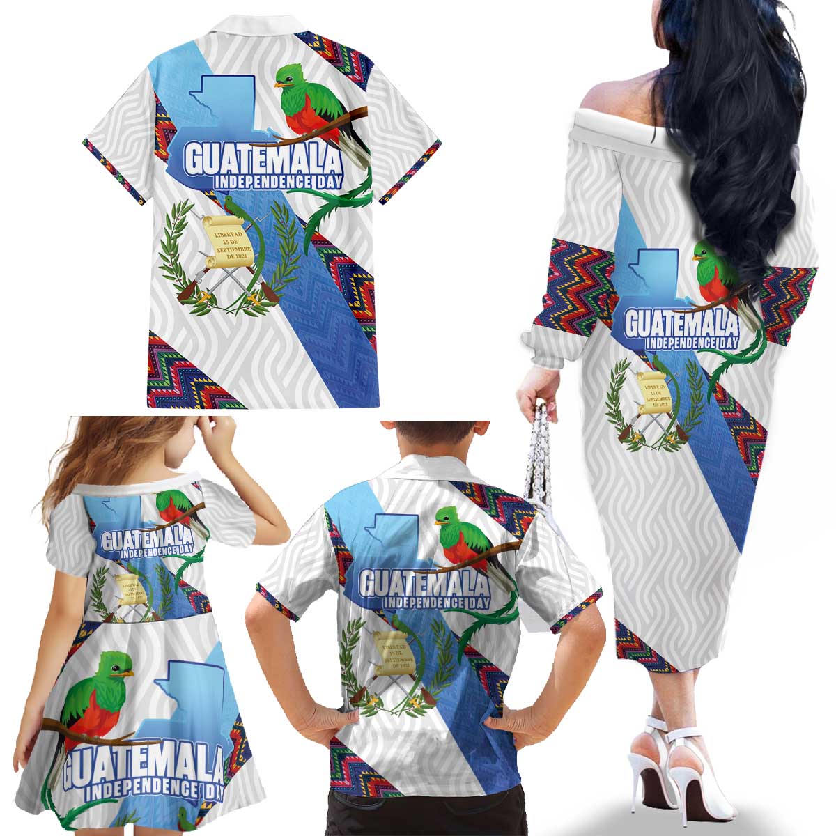 Guatemala Independence Day Family Matching Off The Shoulder Long Sleeve Dress and Hawaiian Shirt Resplendent Quetzal with Coat of Arms and Maya Textiles - Wonder Print Shop