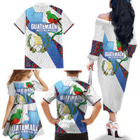 Guatemala Independence Day Family Matching Off The Shoulder Long Sleeve Dress and Hawaiian Shirt Resplendent Quetzal with Coat of Arms and Maya Textiles - Wonder Print Shop