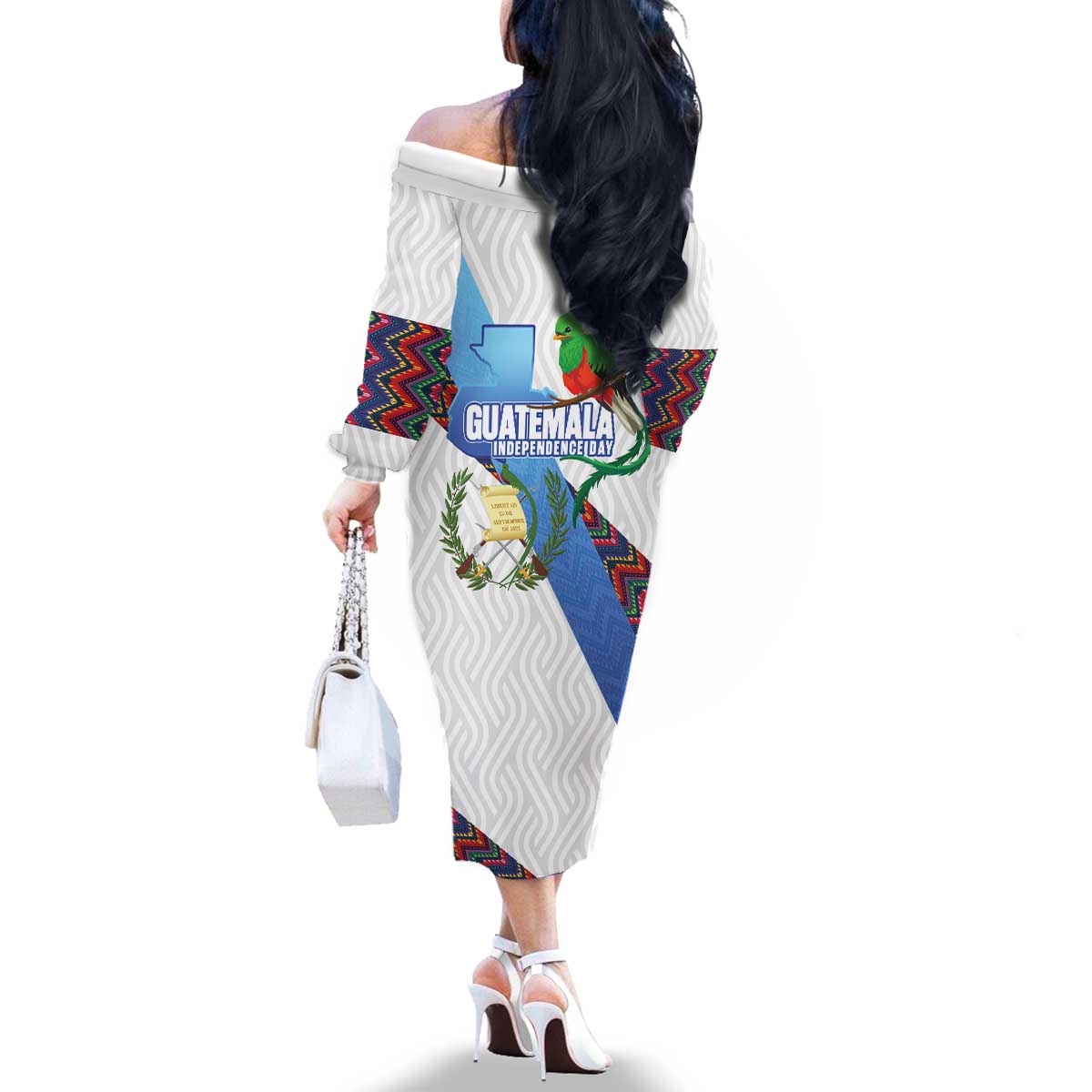 Guatemala Independence Day Family Matching Off The Shoulder Long Sleeve Dress and Hawaiian Shirt Resplendent Quetzal with Coat of Arms and Maya Textiles - Wonder Print Shop