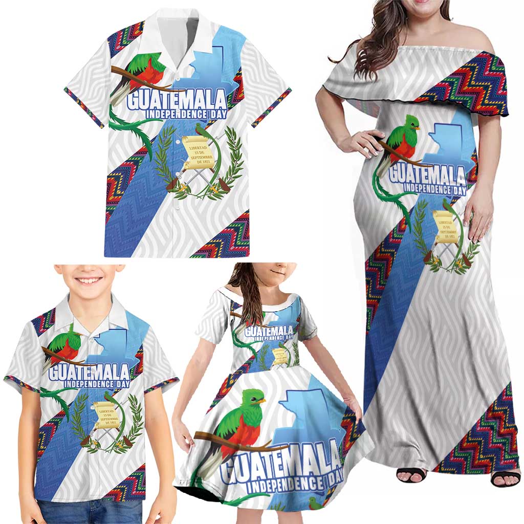 Guatemala Independence Day Family Matching Off Shoulder Maxi Dress and Hawaiian Shirt Resplendent Quetzal with Coat of Arms and Maya Textiles - Wonder Print Shop