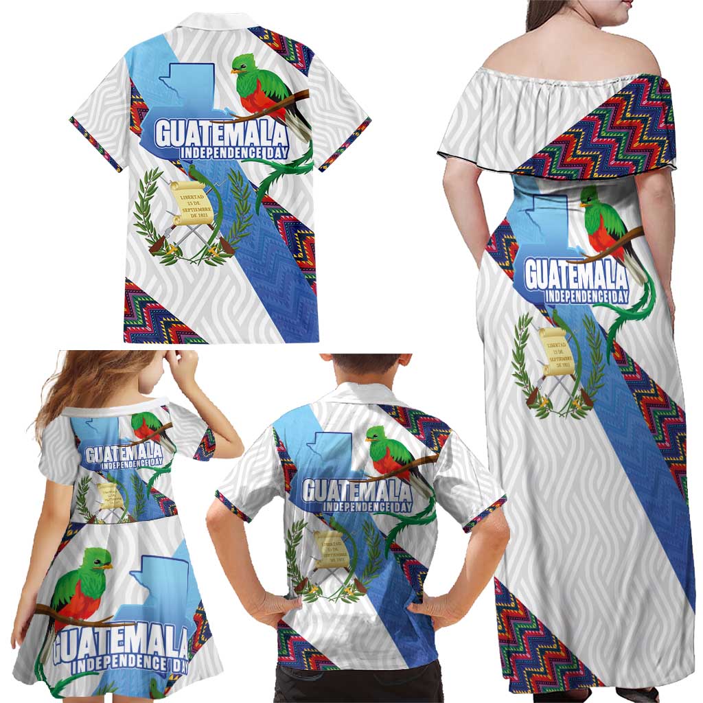 Guatemala Independence Day Family Matching Off Shoulder Maxi Dress and Hawaiian Shirt Resplendent Quetzal with Coat of Arms and Maya Textiles - Wonder Print Shop
