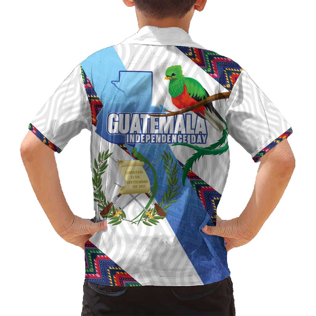 Guatemala Independence Day Family Matching Off Shoulder Short Dress and Hawaiian Shirt Resplendent Quetzal with Coat of Arms and Maya Textiles - Wonder Print Shop