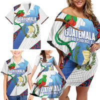 Guatemala Independence Day Family Matching Off Shoulder Short Dress and Hawaiian Shirt Resplendent Quetzal with Coat of Arms and Maya Textiles - Wonder Print Shop