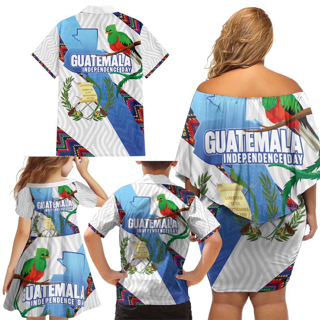 Guatemala Independence Day Family Matching Off Shoulder Short Dress and Hawaiian Shirt Resplendent Quetzal with Coat of Arms and Maya Textiles - Wonder Print Shop