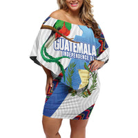 Guatemala Independence Day Family Matching Off Shoulder Short Dress and Hawaiian Shirt Resplendent Quetzal with Coat of Arms and Maya Textiles - Wonder Print Shop